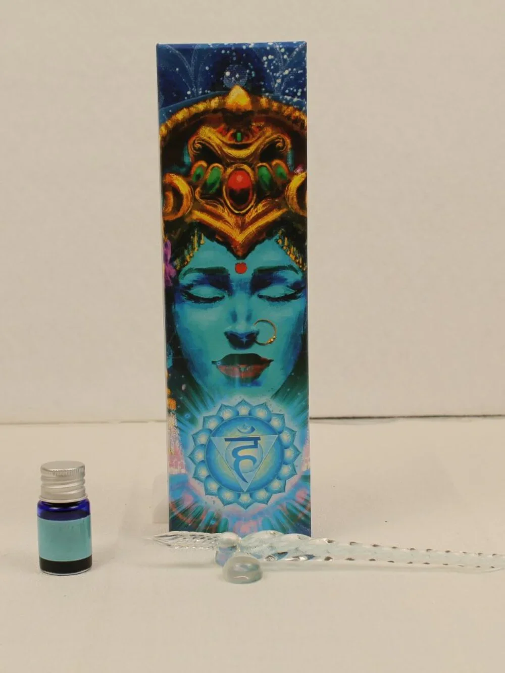 Crystal Glass Dip Pen Set Calligraphy Writing Art Ink Bottle Holder Gift Box Blu